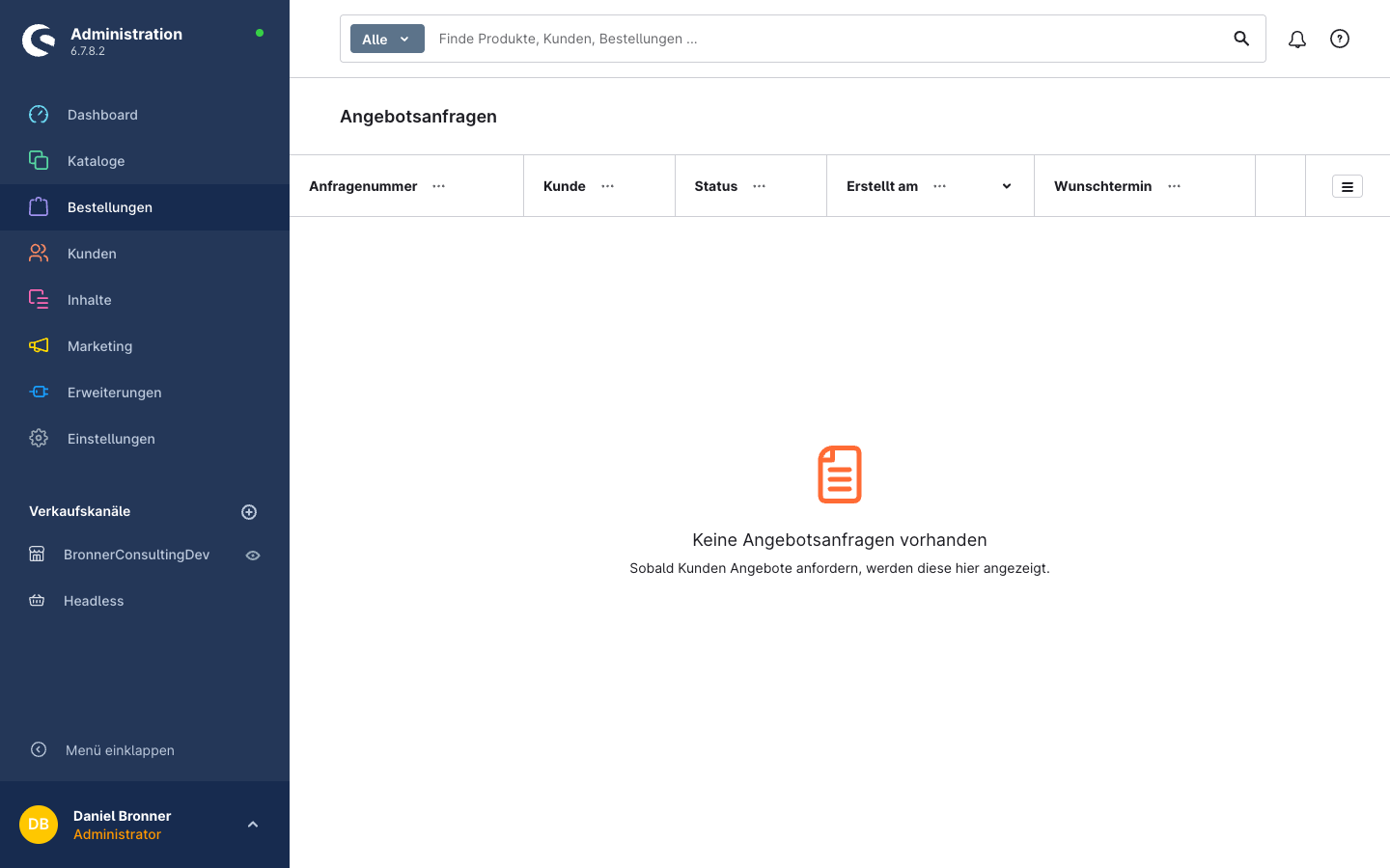 Angebotsanfragen-Liste im Admin