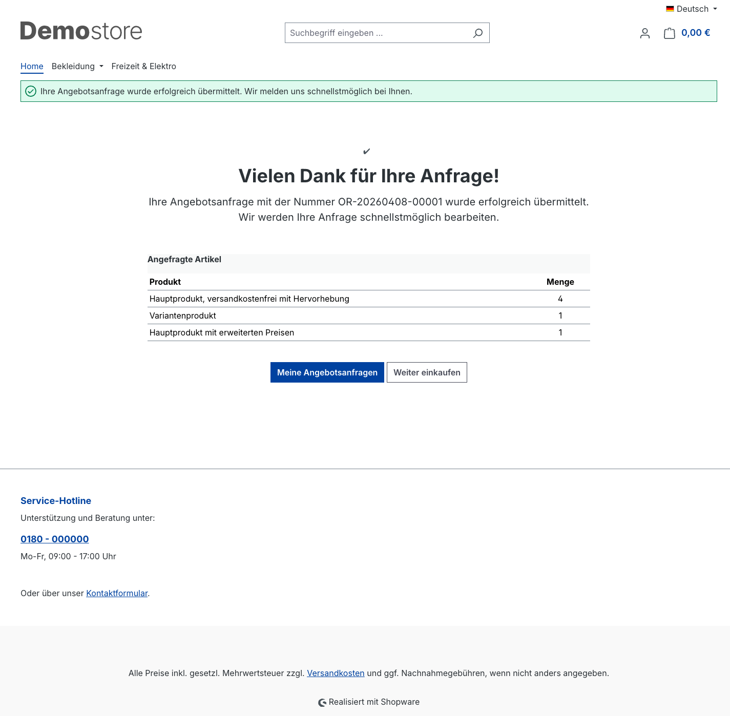 Erfolgsseite nach Angebotsanfrage