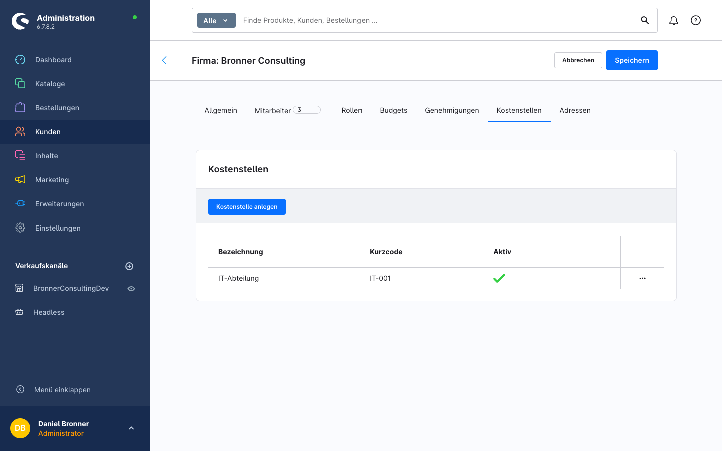 Firmendetail – Tab Kostenstellen