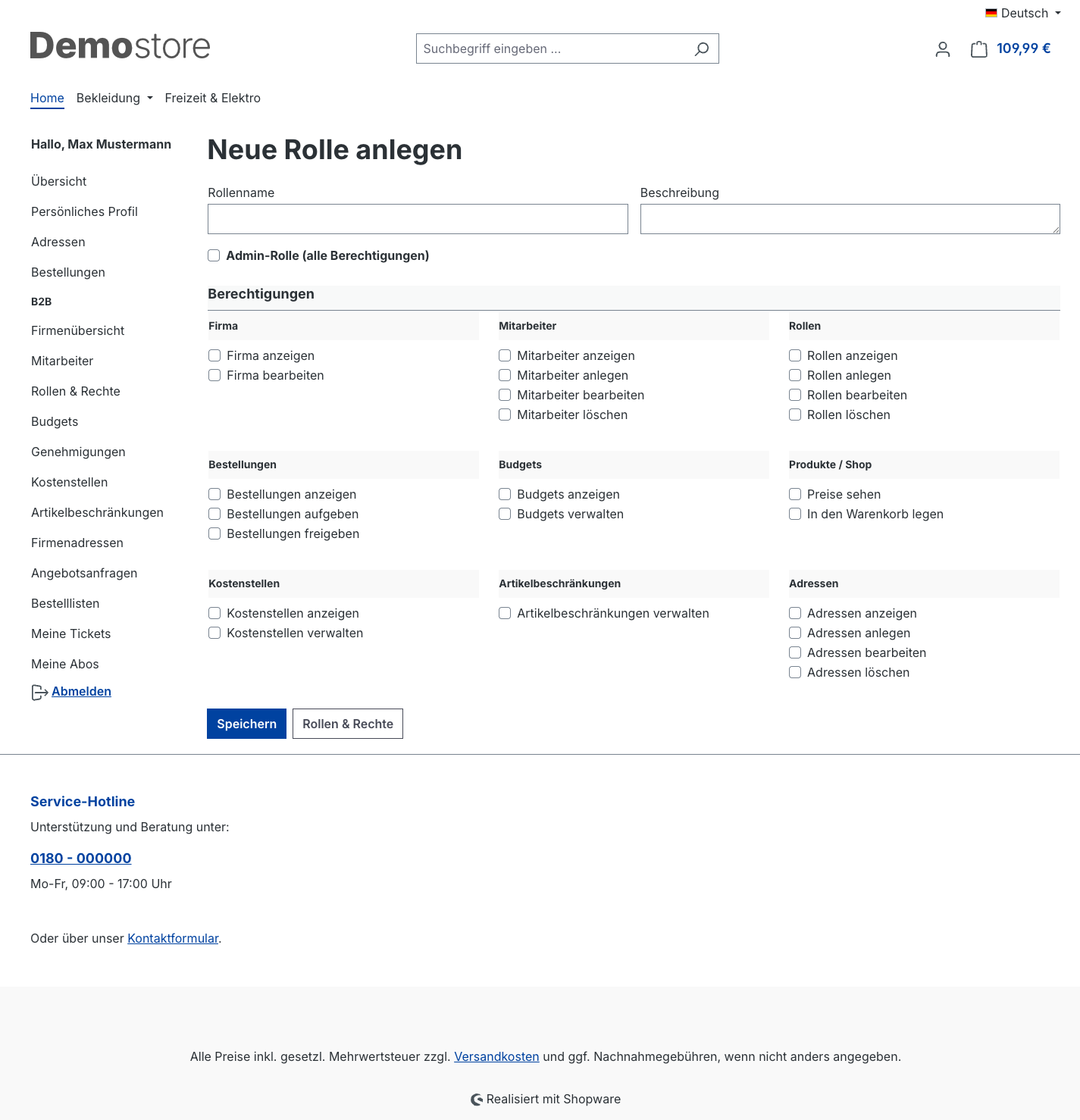 Neue Rolle anlegen mit allen 21 Berechtigungen