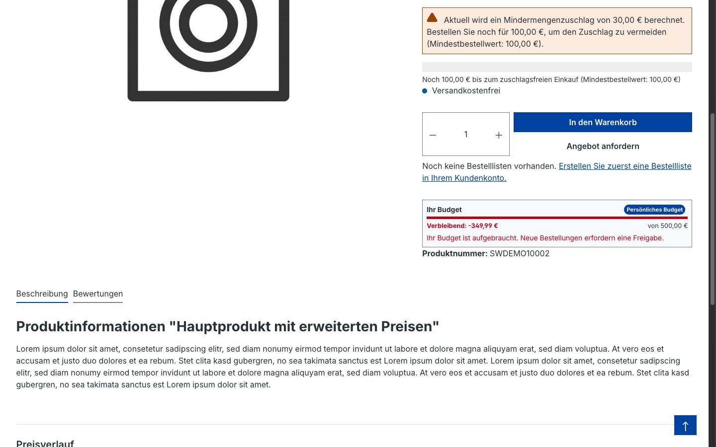 Produktdetailseite mit Budget-Widget