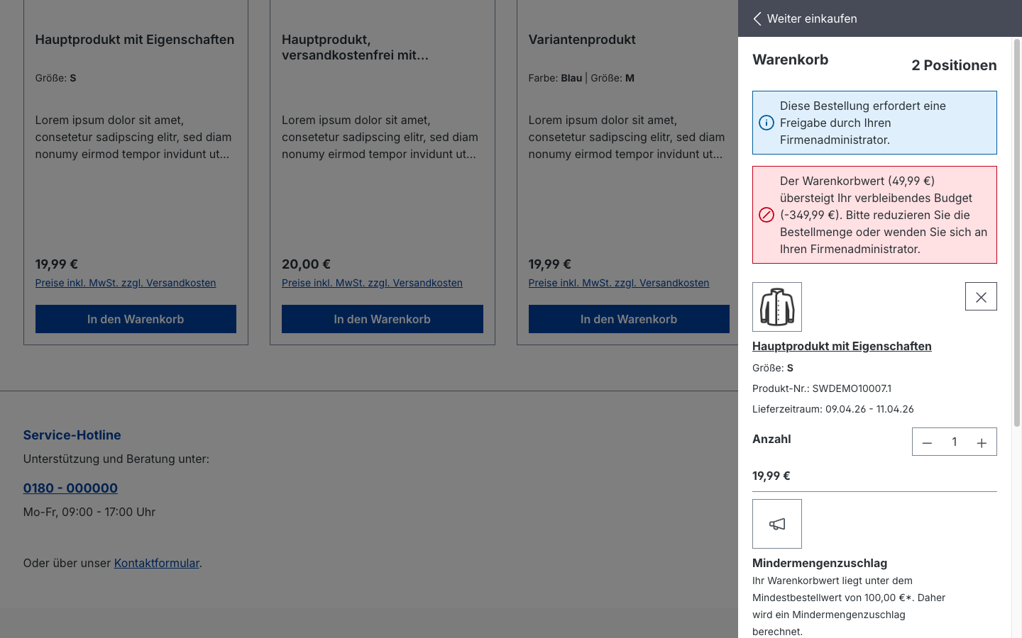 Warenkorb mit B2B-Warnhinweisen