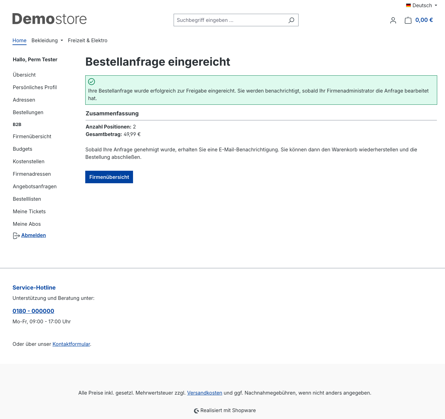 Bestätigung – Bestellanfrage eingereicht