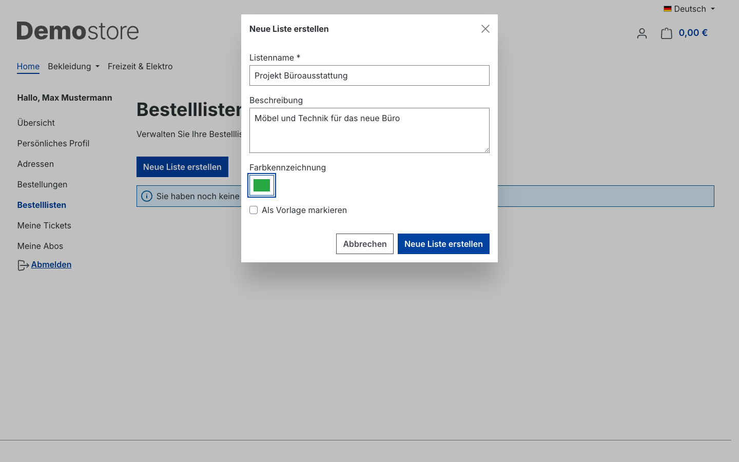 Neue Bestellliste erstellen – Modal