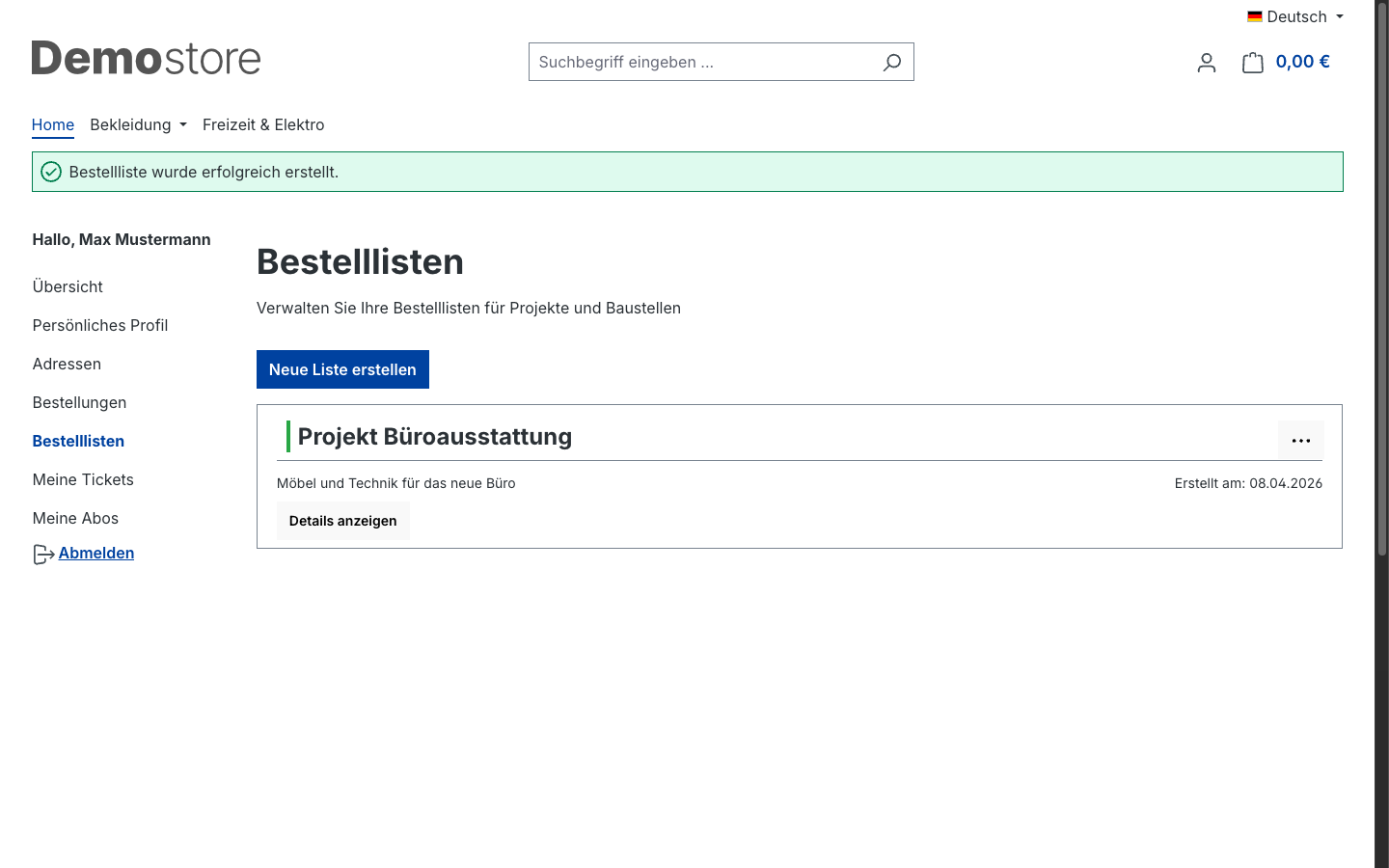 Bestelllisten-Übersicht mit erster Liste