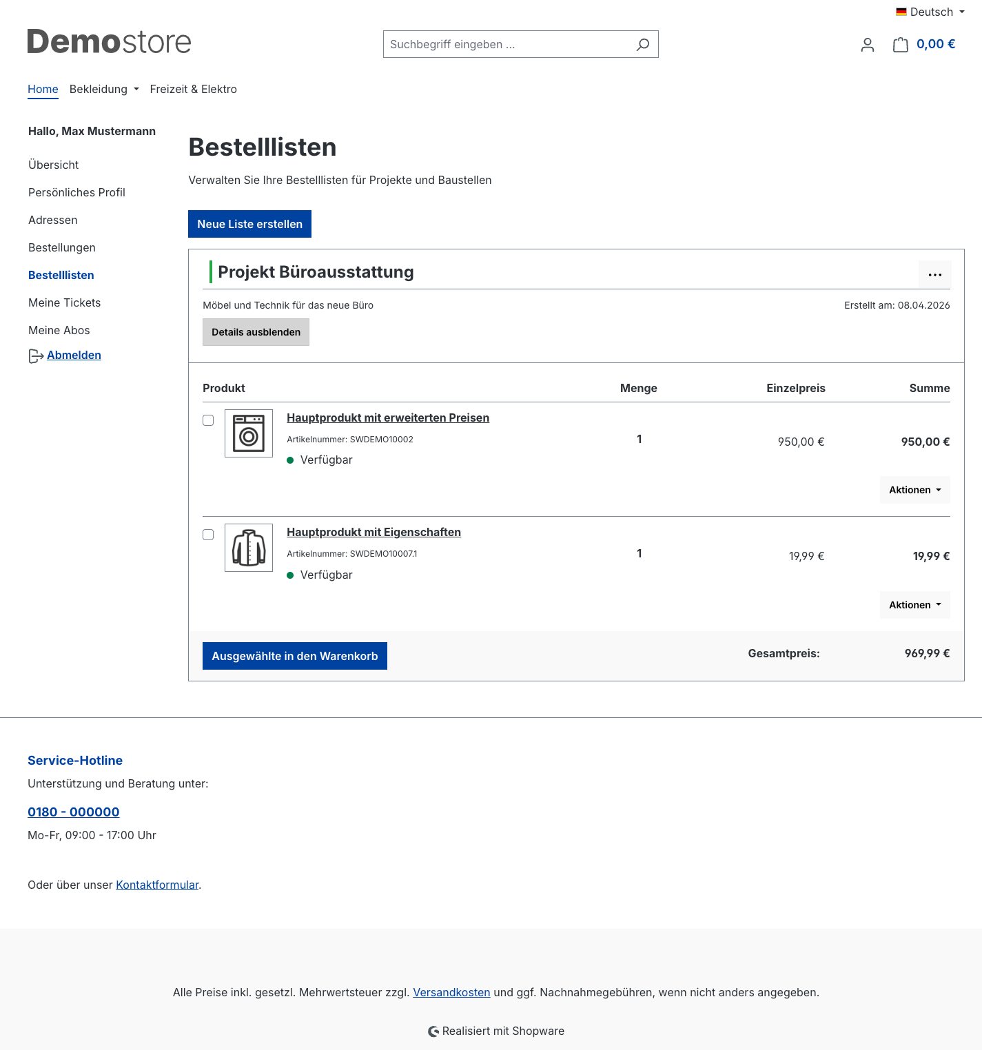 Bestellliste mit Positionen aufgeklappt