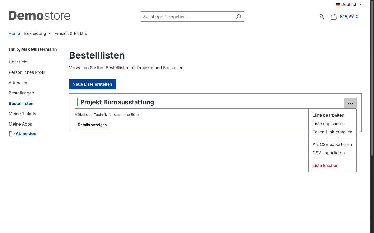 Aktionen-Menü der Bestellliste
