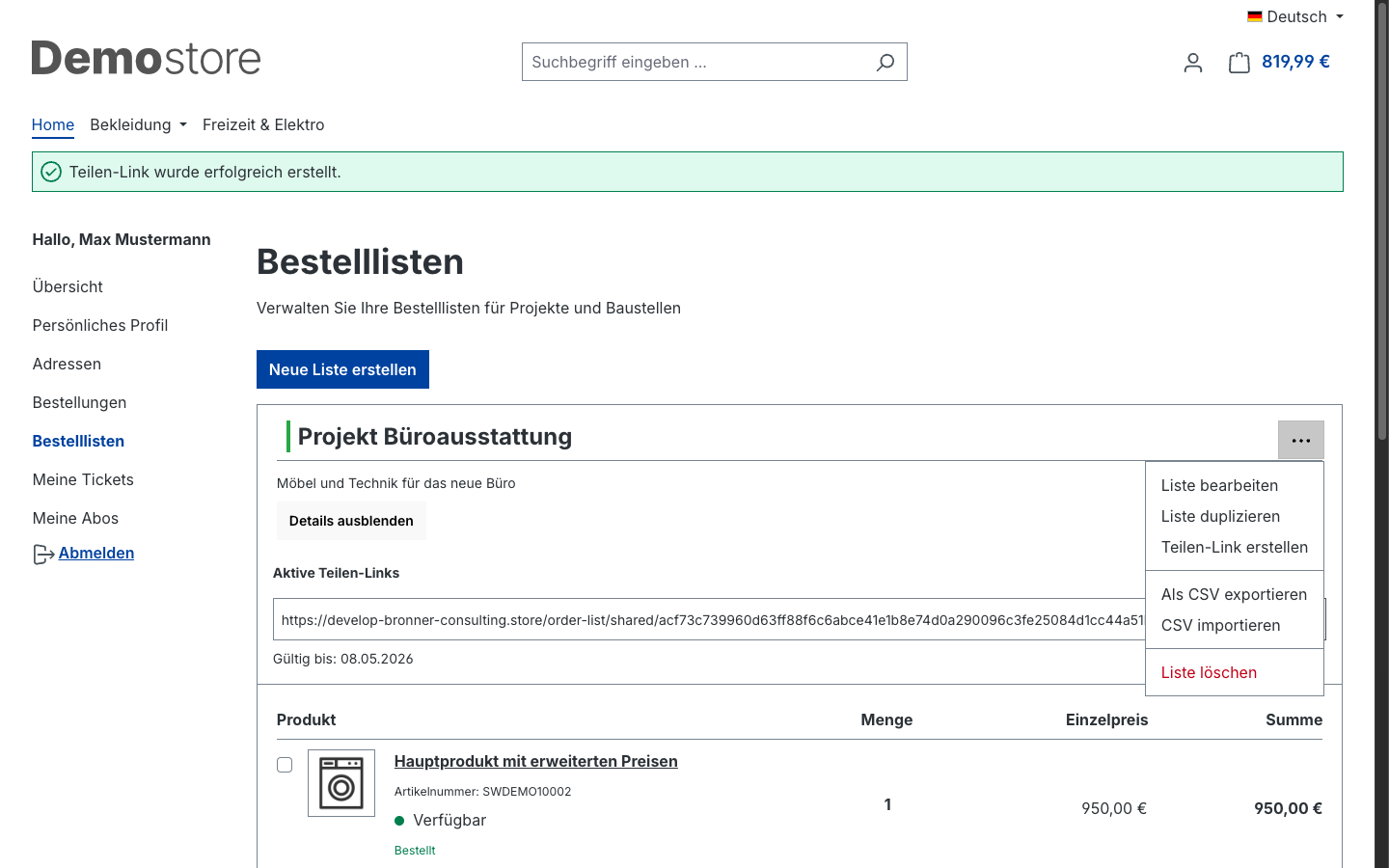CSV-Export der Bestellliste