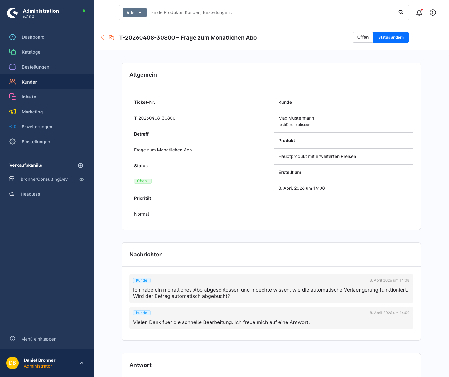 Ticket-Detailseite im Admin