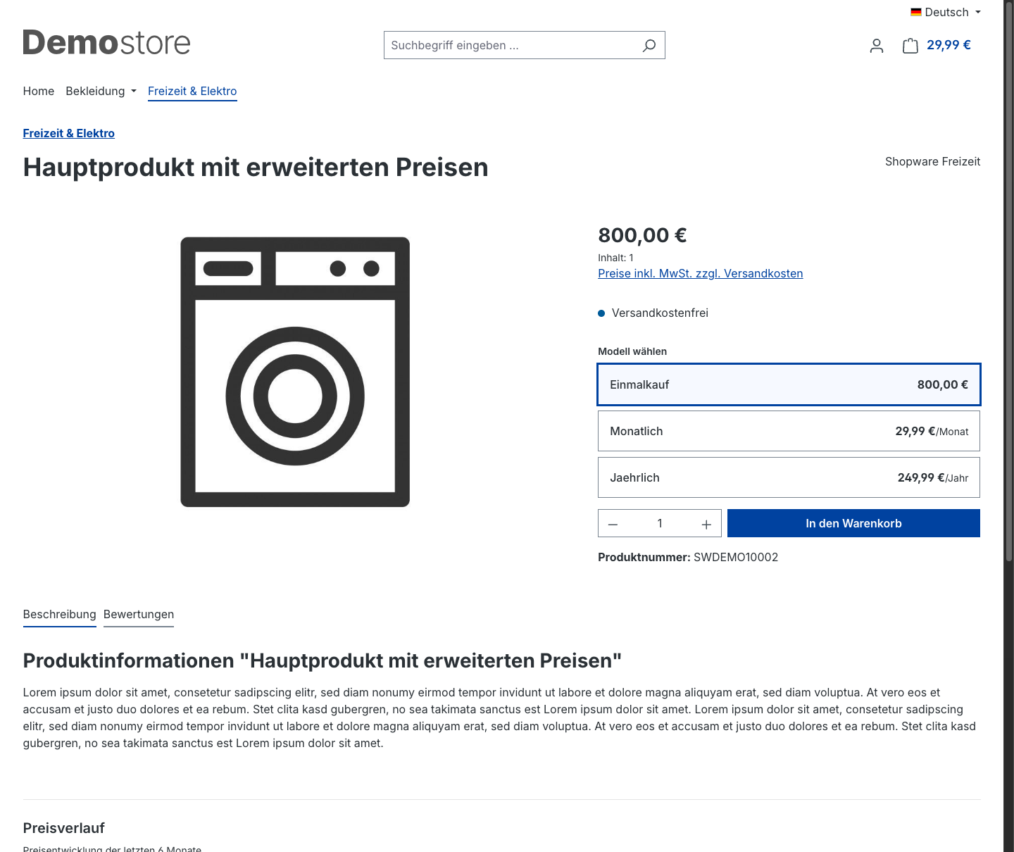 Produktseite mit Kaufmodell-Auswahl