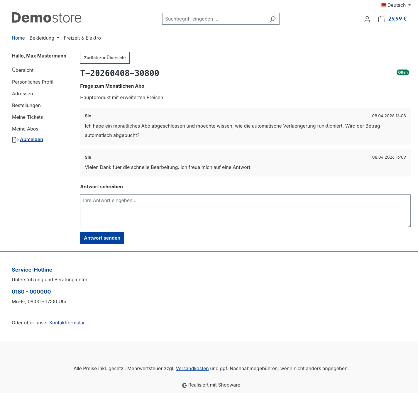 Ticket-Detailseite im Kundenkonto