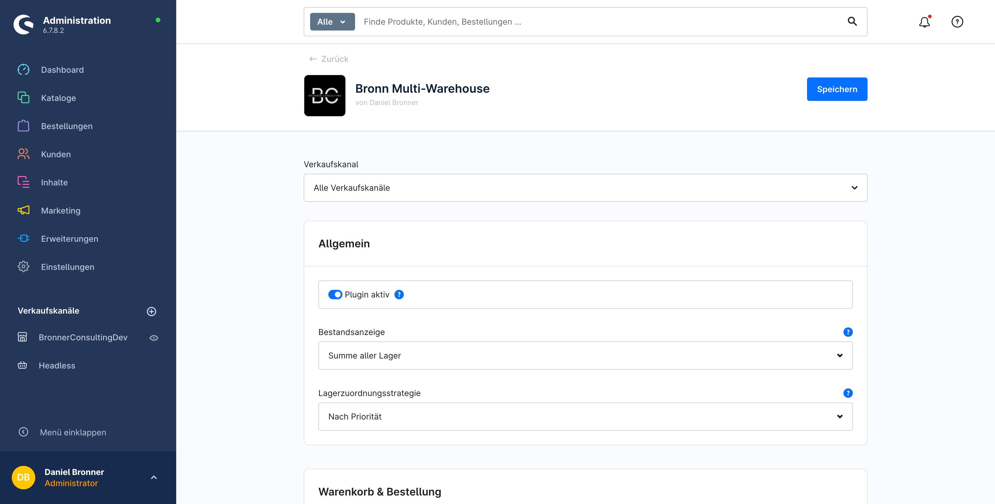 Plugin-Konfiguration BronnMultiWarehouse im Shopware Admin