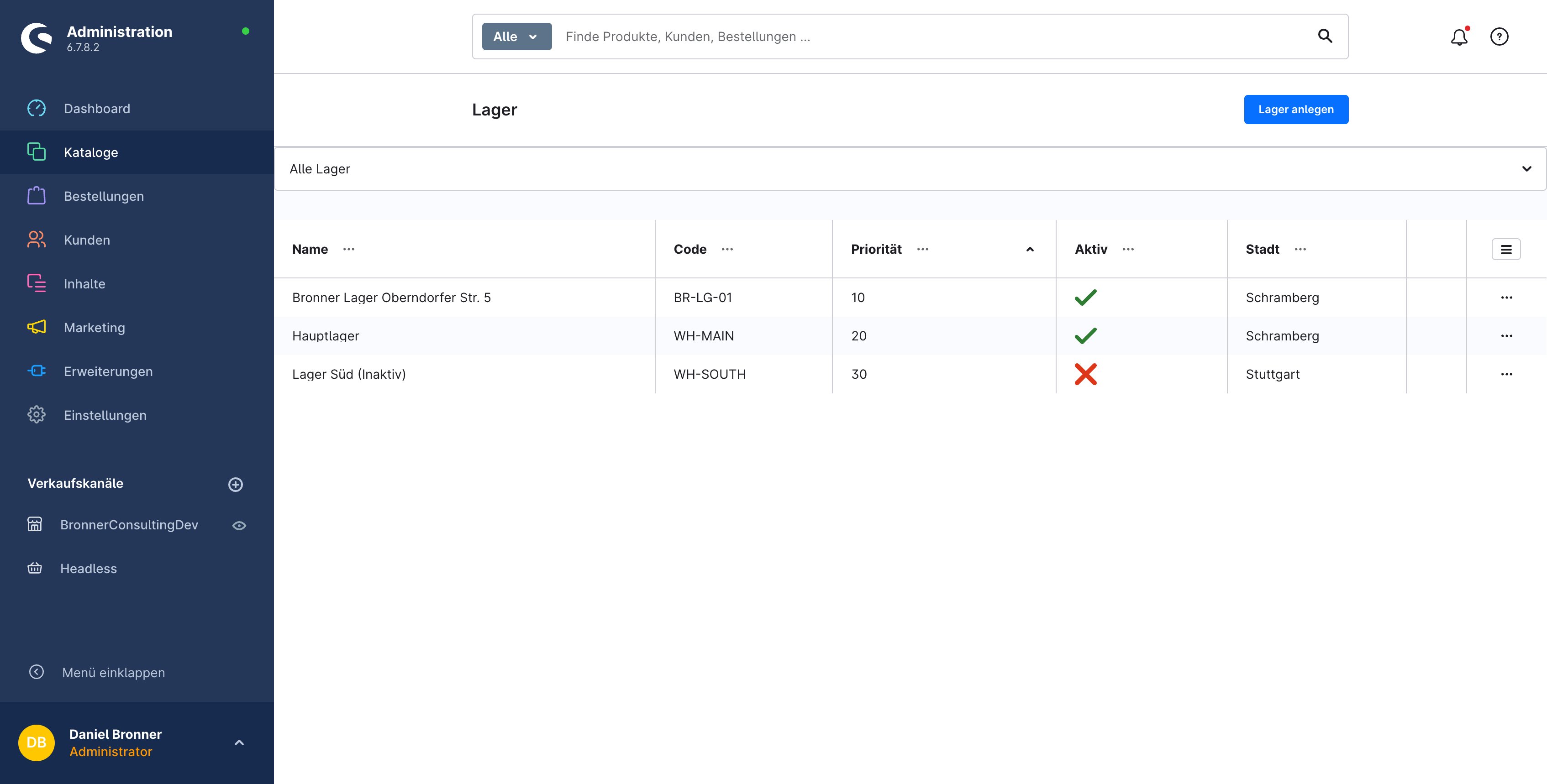 Lagerliste im Shopware Admin mit allen Lagern und Filialen