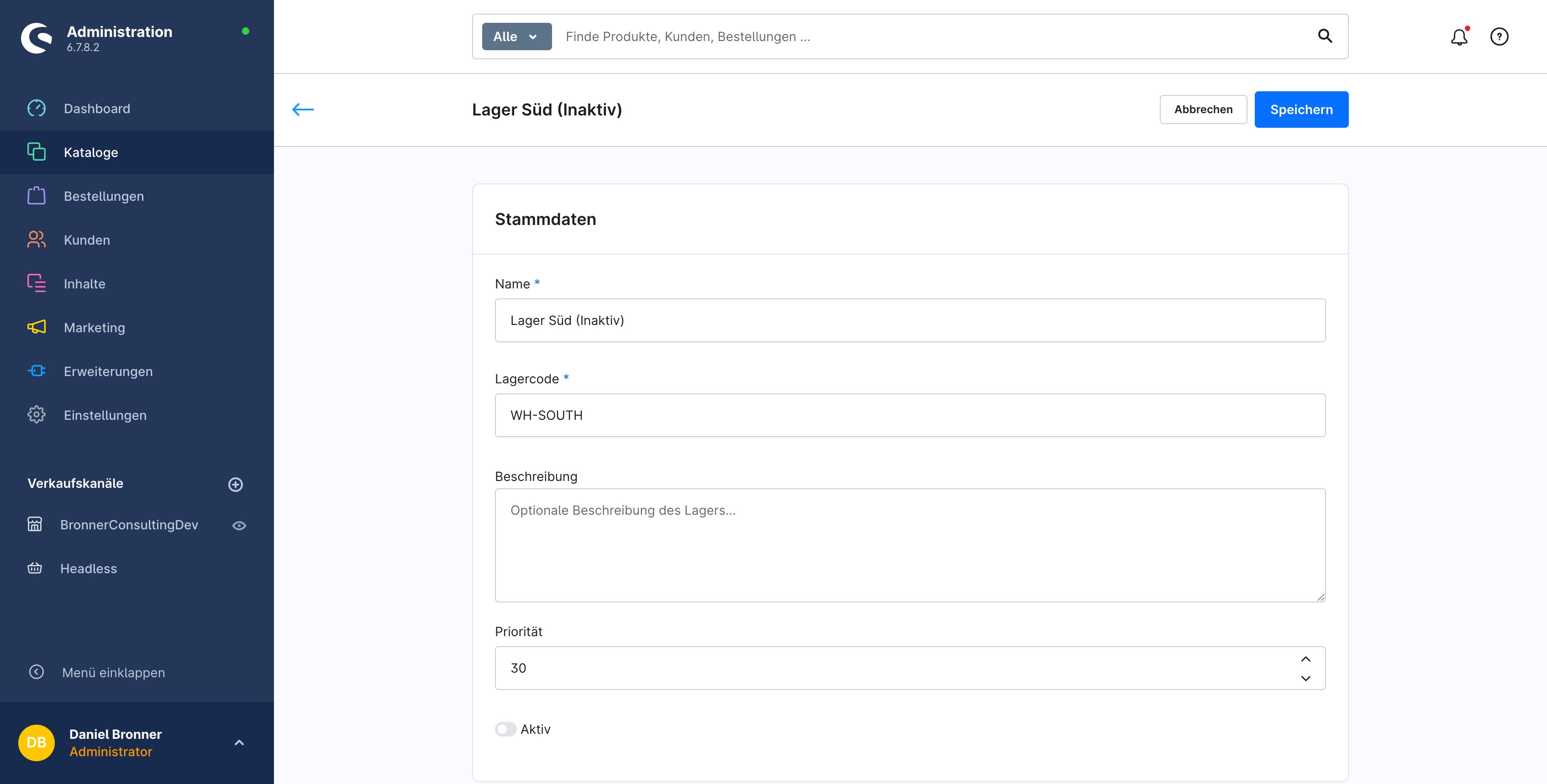 Lager-Detailansicht mit Stammdaten und Beständen