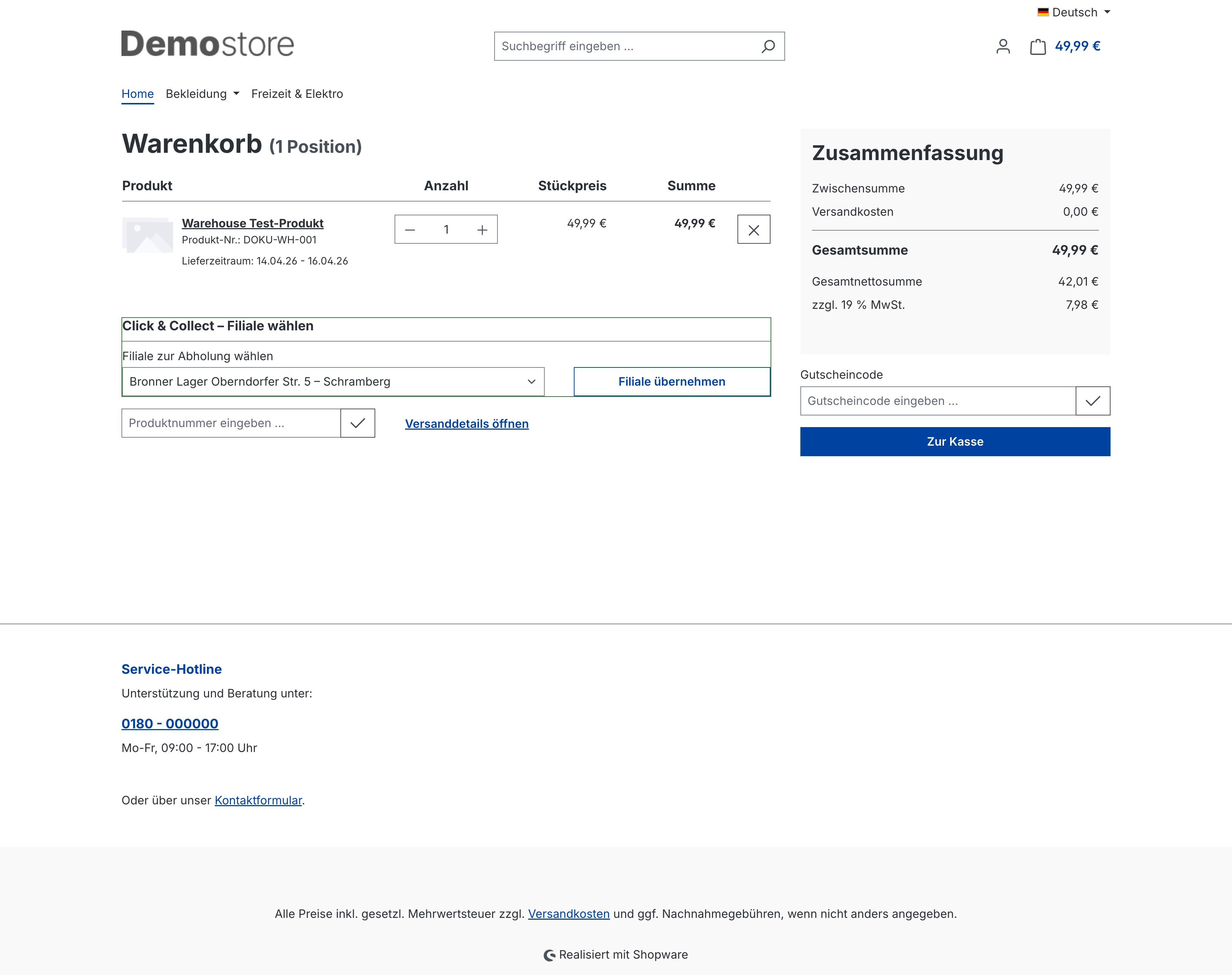 Warenkorb mit Click & Collect Filialauswahl