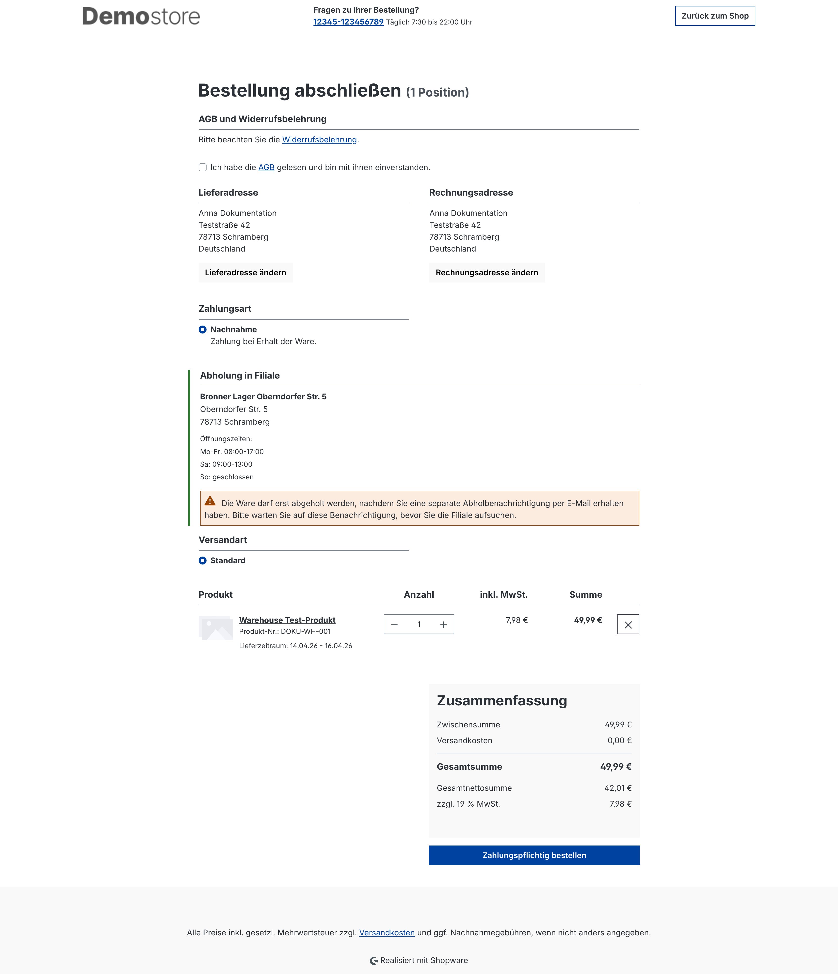 Checkout mit Abholfiliale, Adresse, Öffnungszeiten und Warnhinweis
