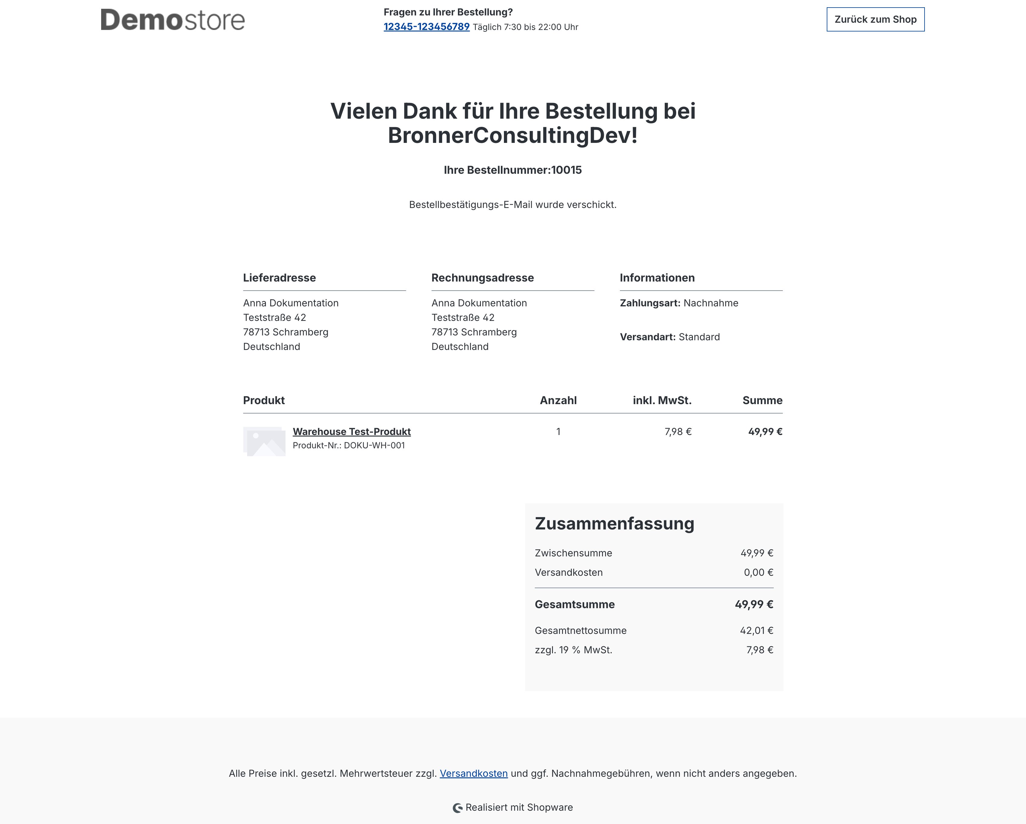 Bestellbestätigung nach erfolgreichem Checkout