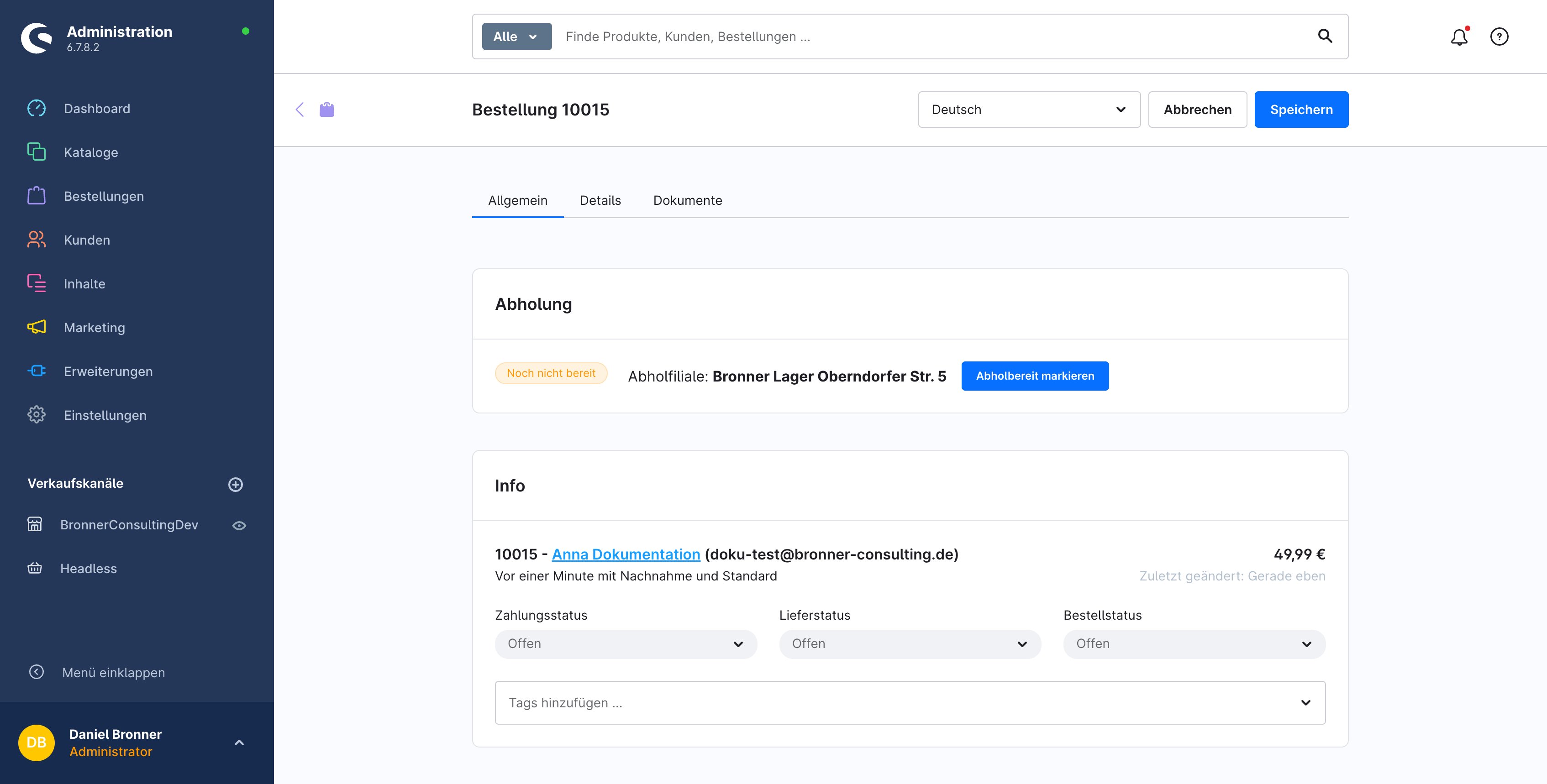 Admin-Bestelldetail mit Abholstatus: Noch nicht bereit (gelb)