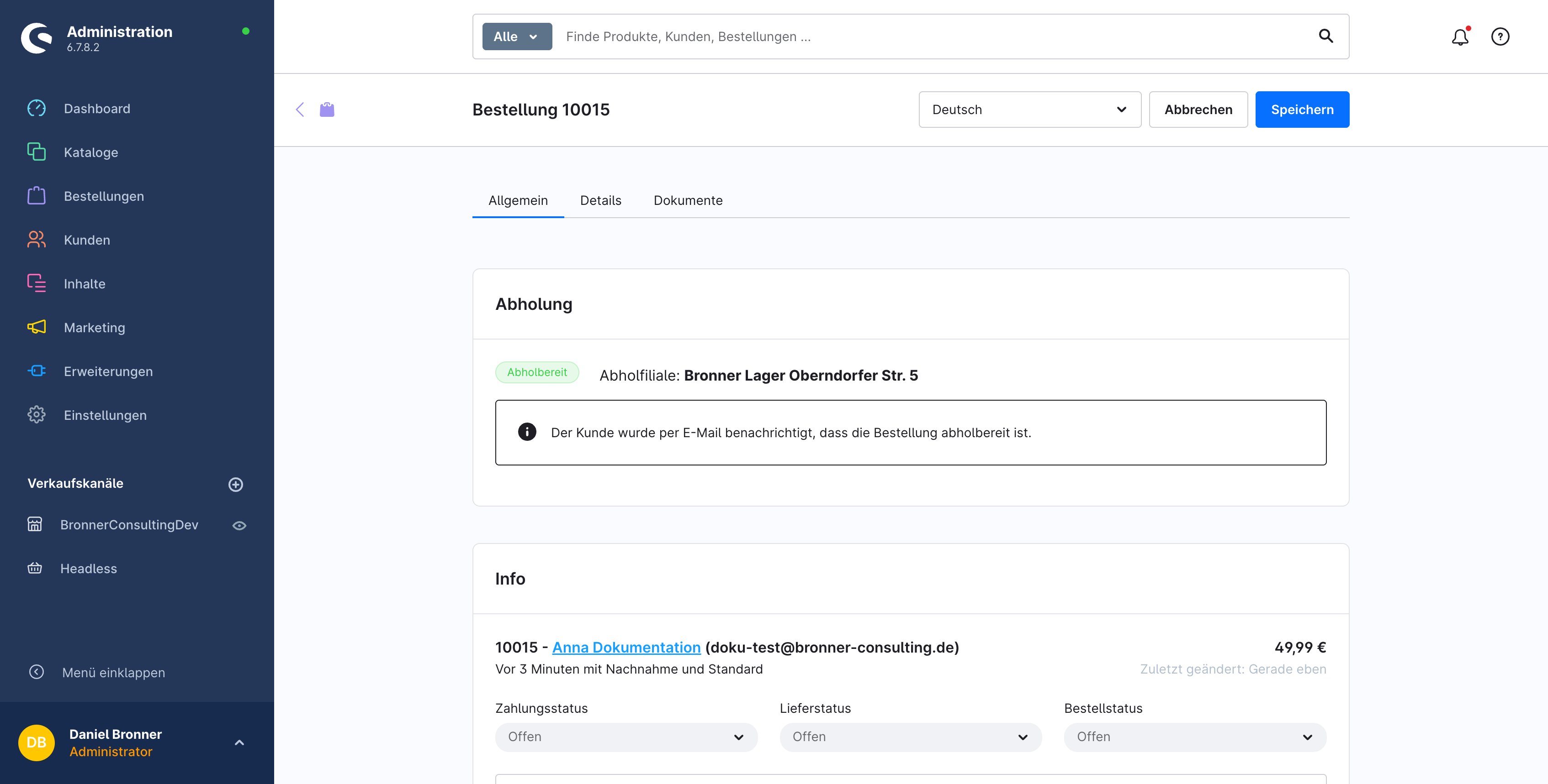 Admin-Bestelldetail mit Abholstatus: Abholbereit (grün)