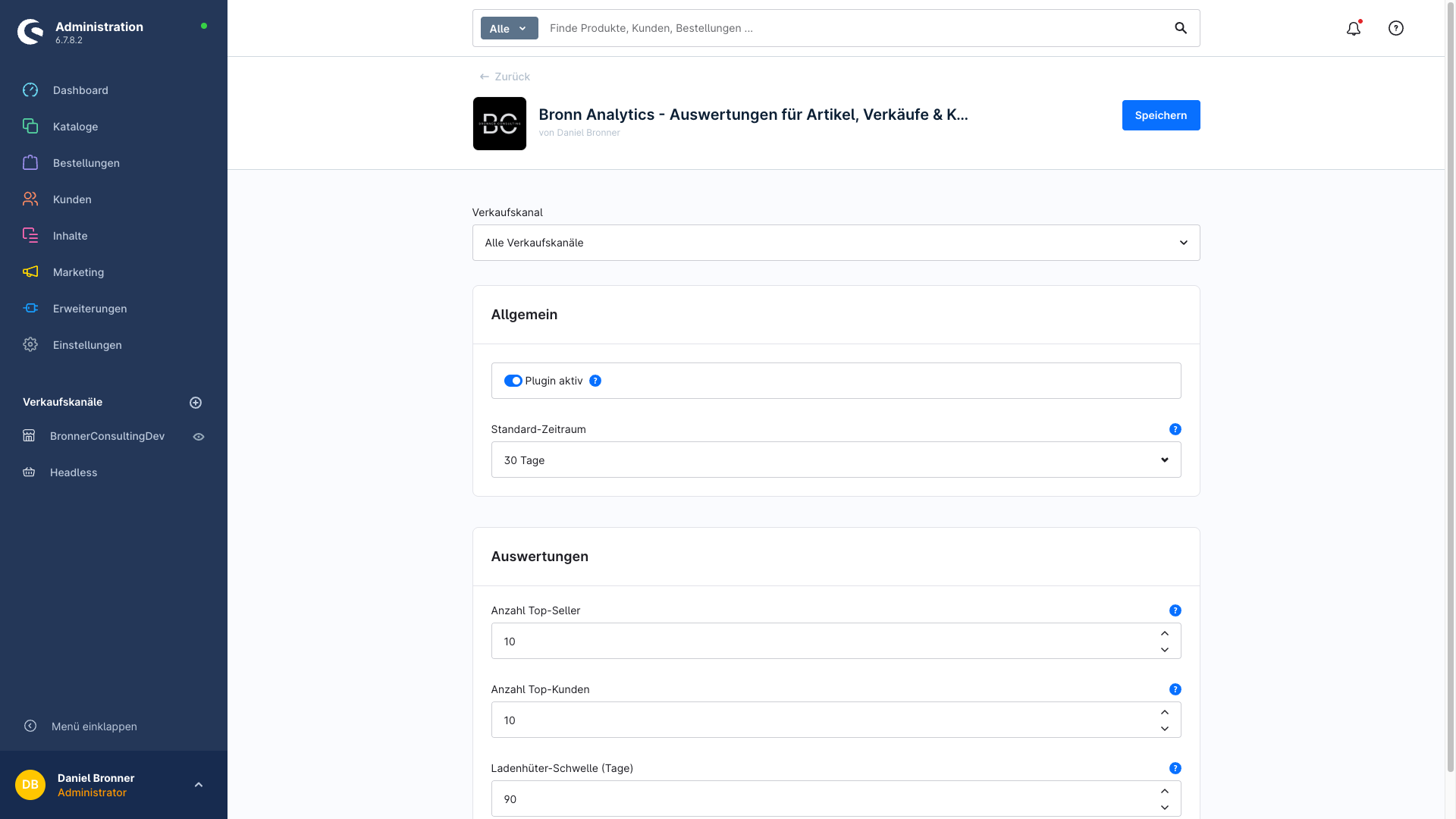 Plugin-Konfiguration im Shopware Admin mit Allgemein und Auswertungen Einstellungen