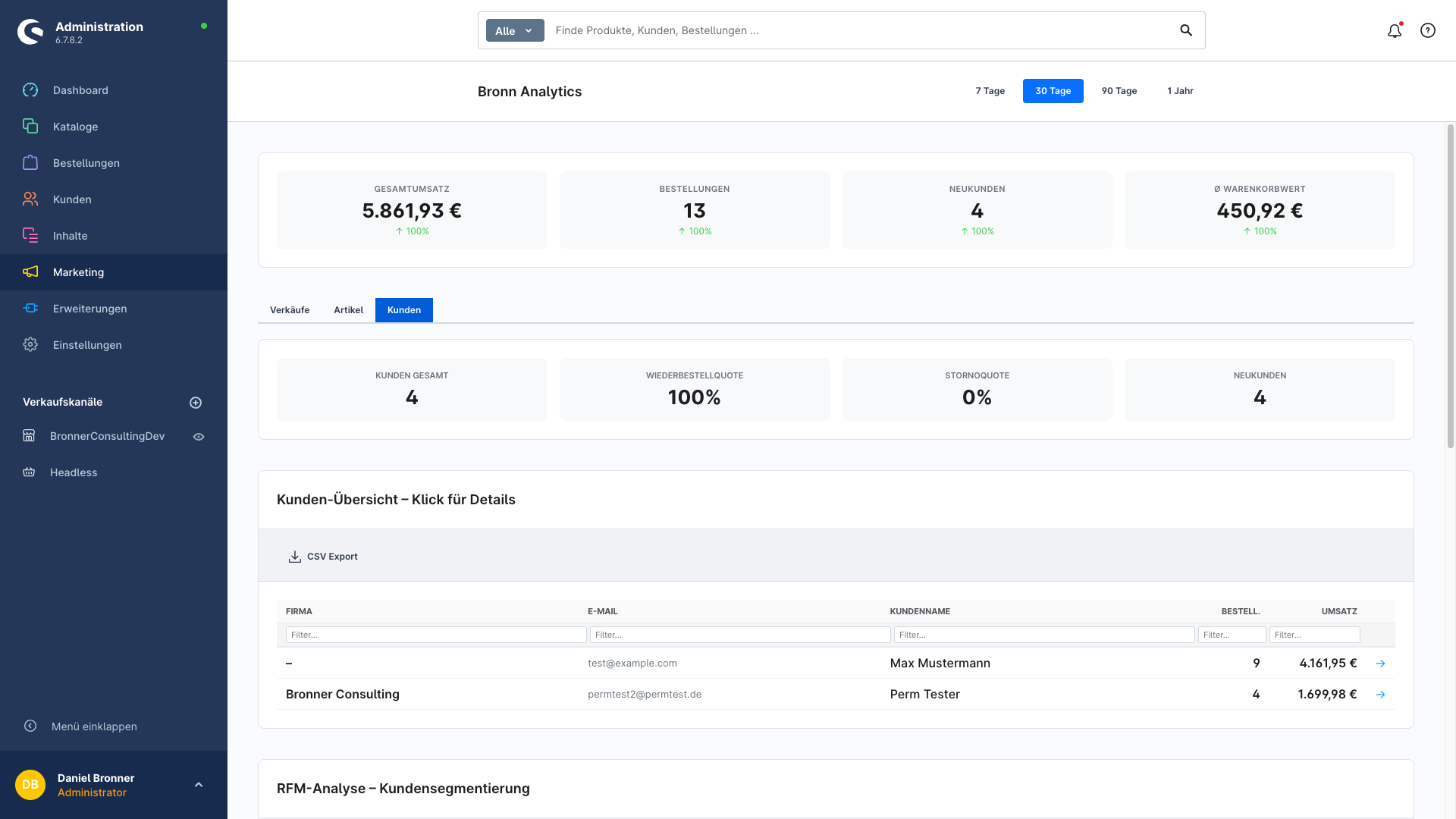 Kunden-Tab mit KPIs, Top-Kunden-Tabelle mit Firma und Spaltenfiltern