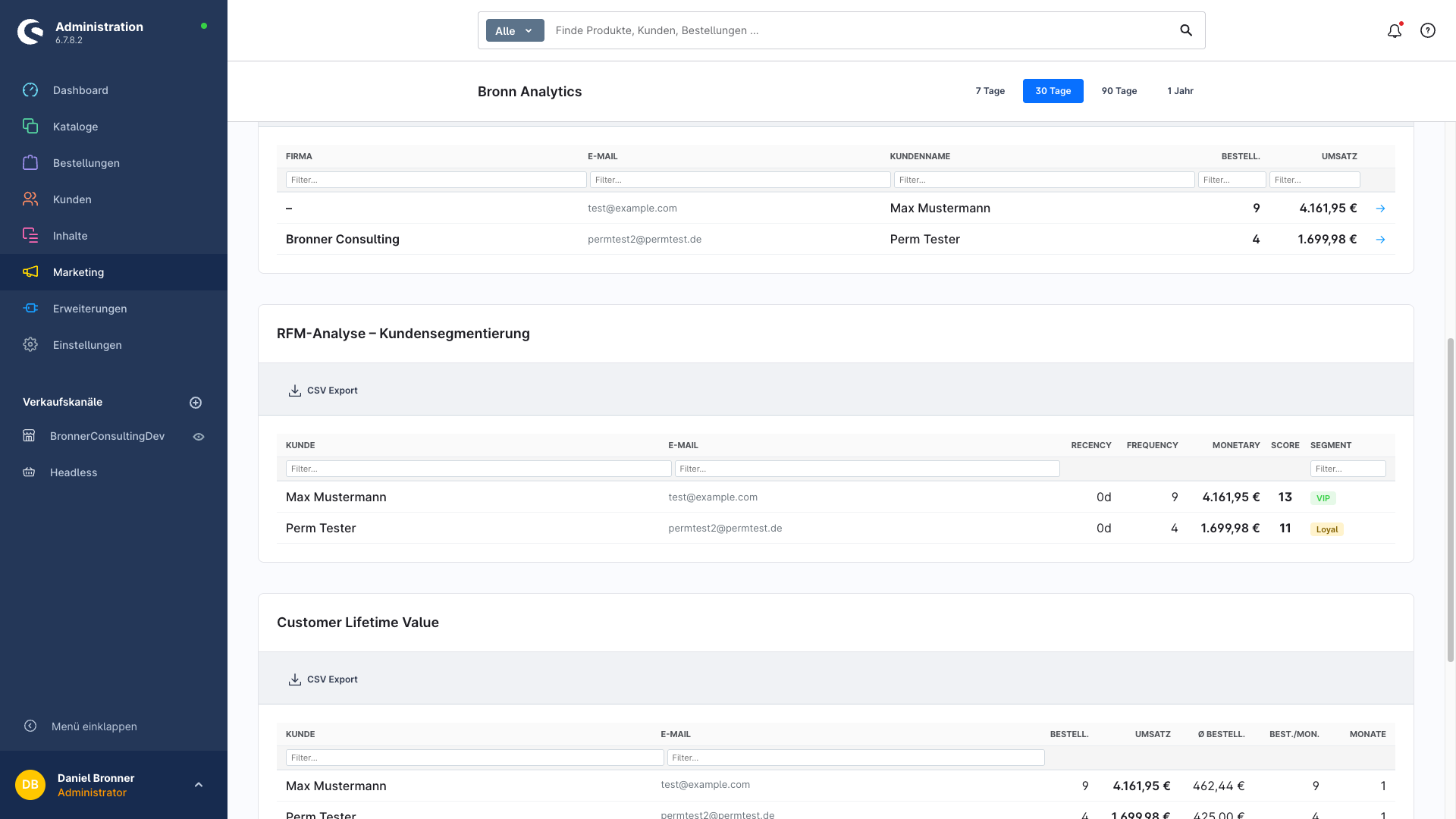 RFM-Analyse mit VIP und Loyal Segmenten und Customer Lifetime Value Tabelle