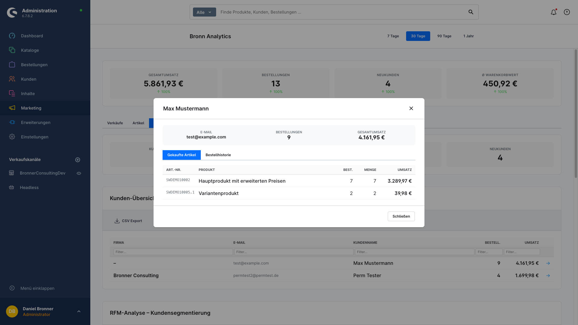 Kunden-Drill-Down Modal zeigt gekaufte Artikel und Bestellhistorie